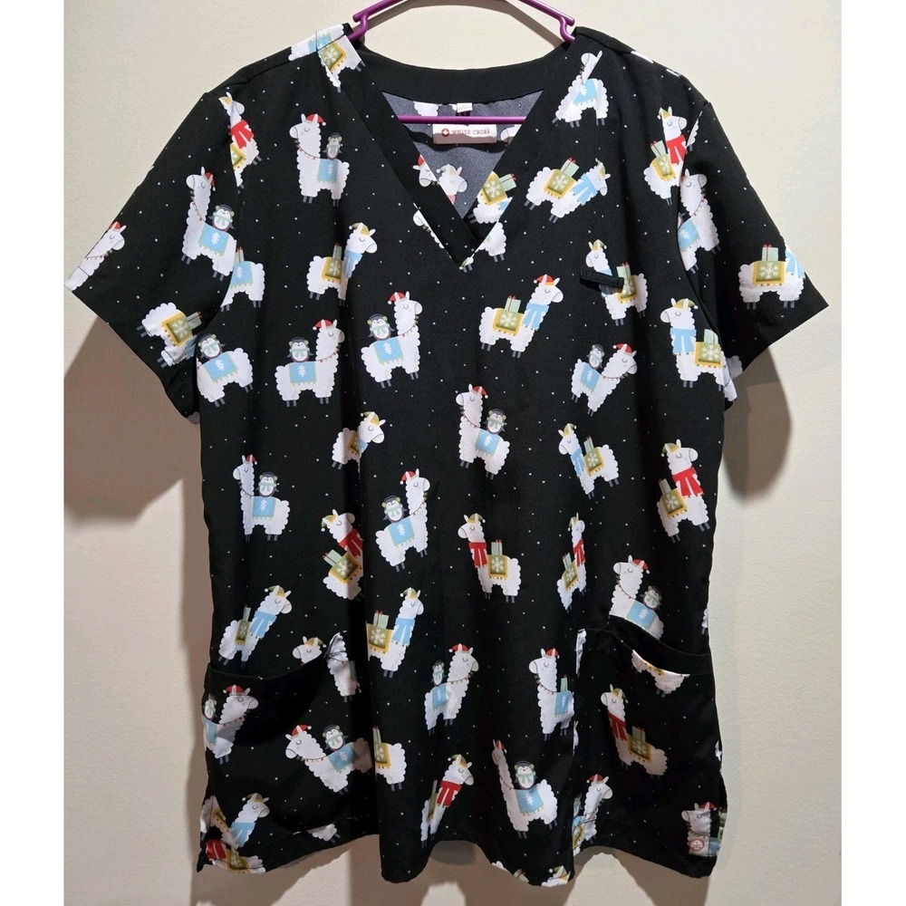 White Cross Scrub Top Womens XL Christmas Llama Print Black Stretch V Neck